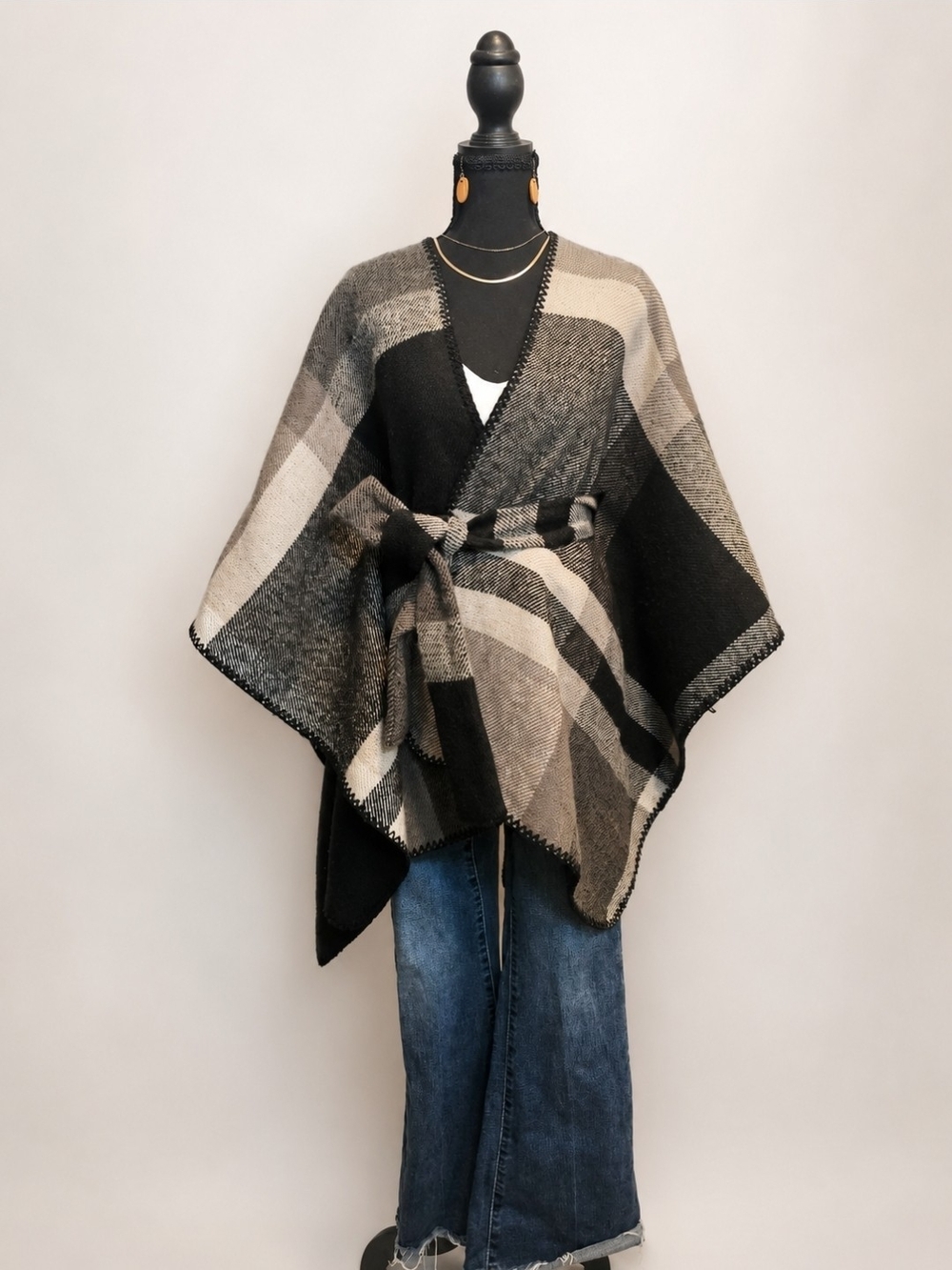 Woven Plaid Belted Poncho Wrap - Black & Cream